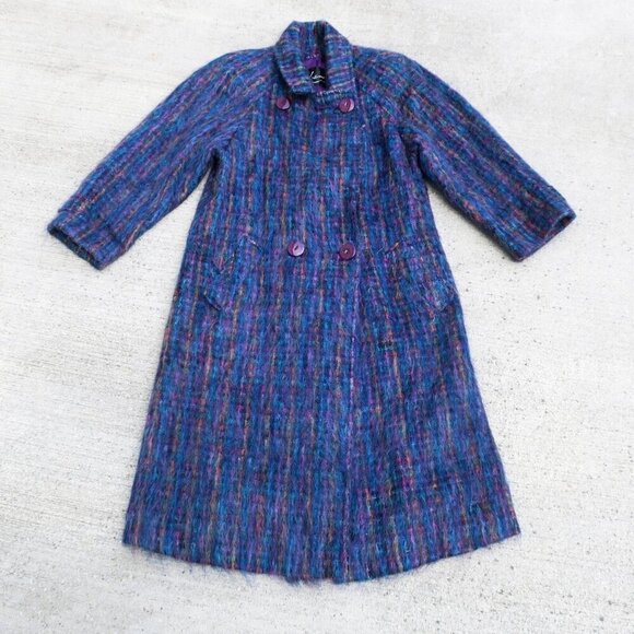Vintage 60s Kramer's Plaid Jewel Tone Shaggy Mohair Blend Coat Lined Women's 8 - Picture 3 of 16